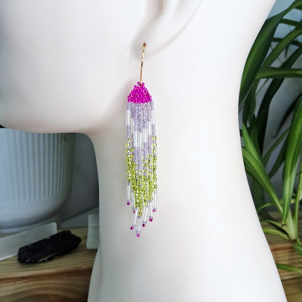 BOGO EARRINGS Boho Chic Seed Bead Fringe Tassel Dangle Earrings, Statement 3.5" - Picture 4 of 7